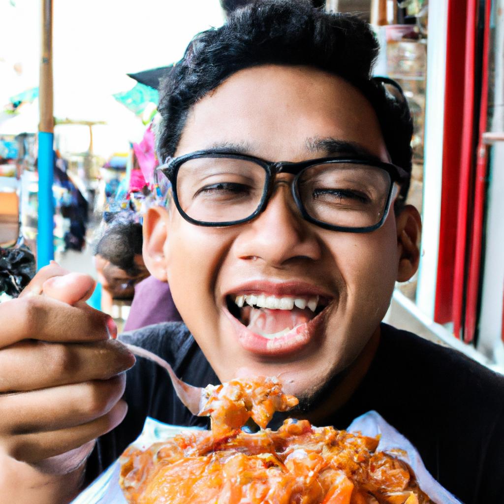 Person eating street food, smiling